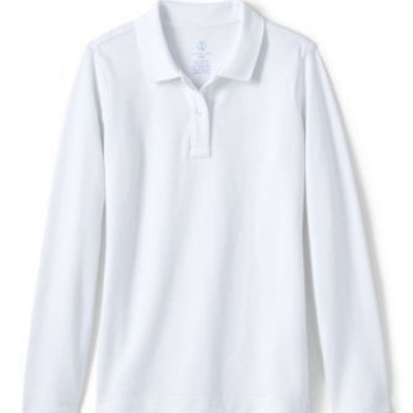 NWT LANDS' END GIRLS LONG SLEEVE FEMININE FIT MESH POLO SHIRT WHITE MEDIUM 10-12 - Picture 1 of 8